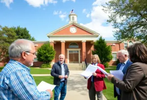 Community members discussing the budget crisis outside a school building