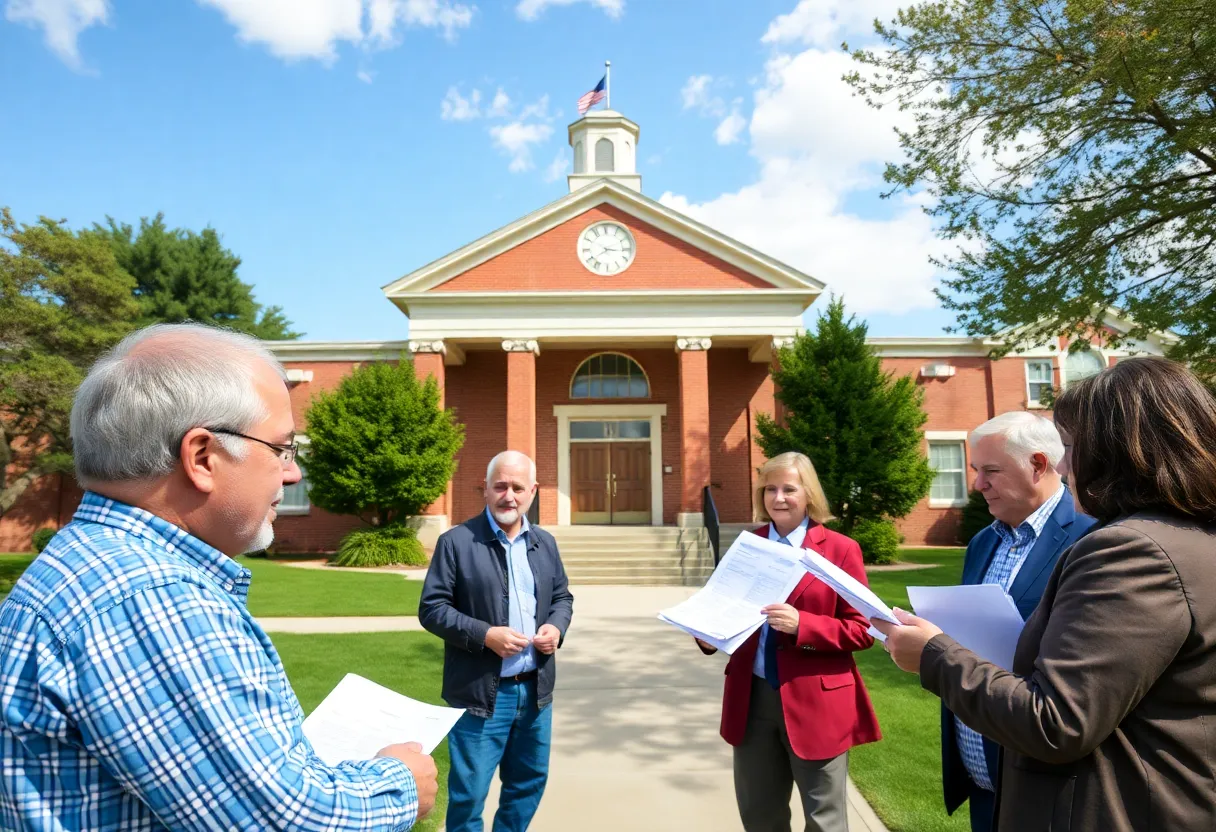 Community members discussing the budget crisis outside a school building