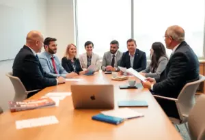 Administrators discussing financial strategy in a boardroom
