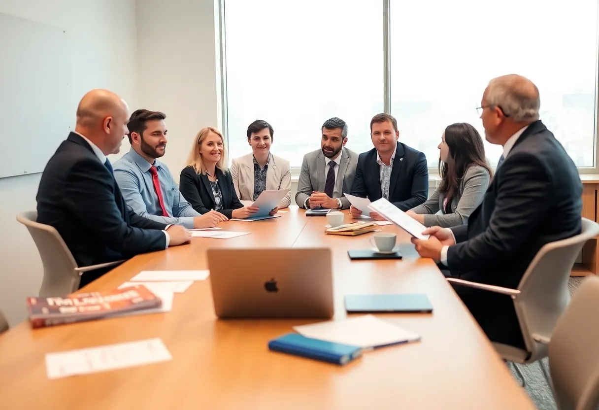Administrators discussing financial strategy in a boardroom