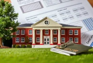 Financial documents, credit cards, and a school building symbolizing FCPS financial scrutiny
