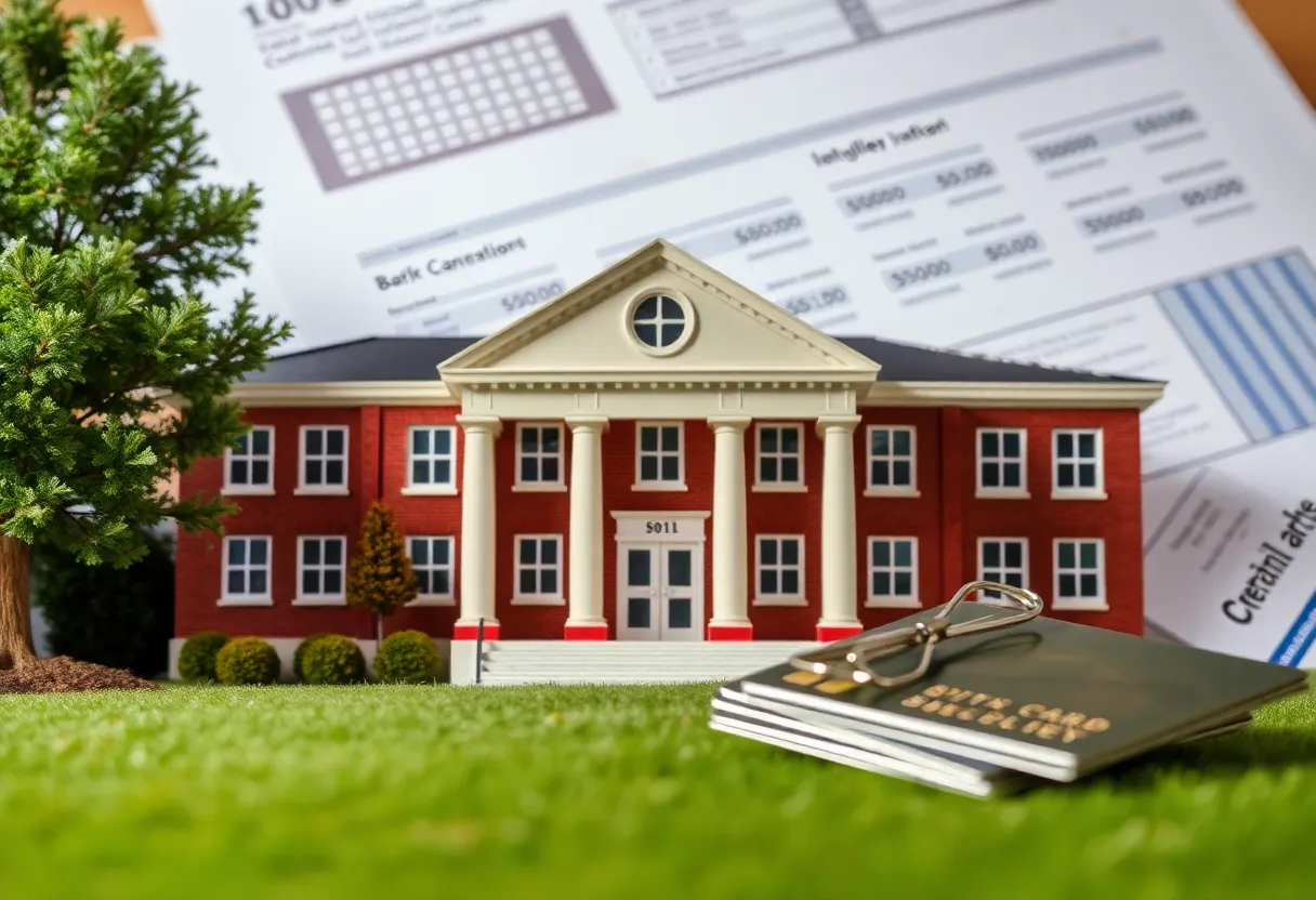 Financial documents, credit cards, and a school building symbolizing FCPS financial scrutiny