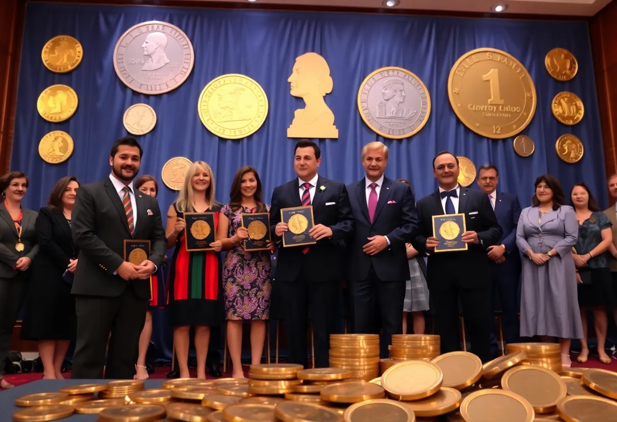 Mary Lynn and Jeff Garrett receiving the Philanthropy Award at the World’s Fair of Money.