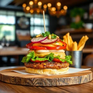Gourmet burgers on a wooden table with rustic settings