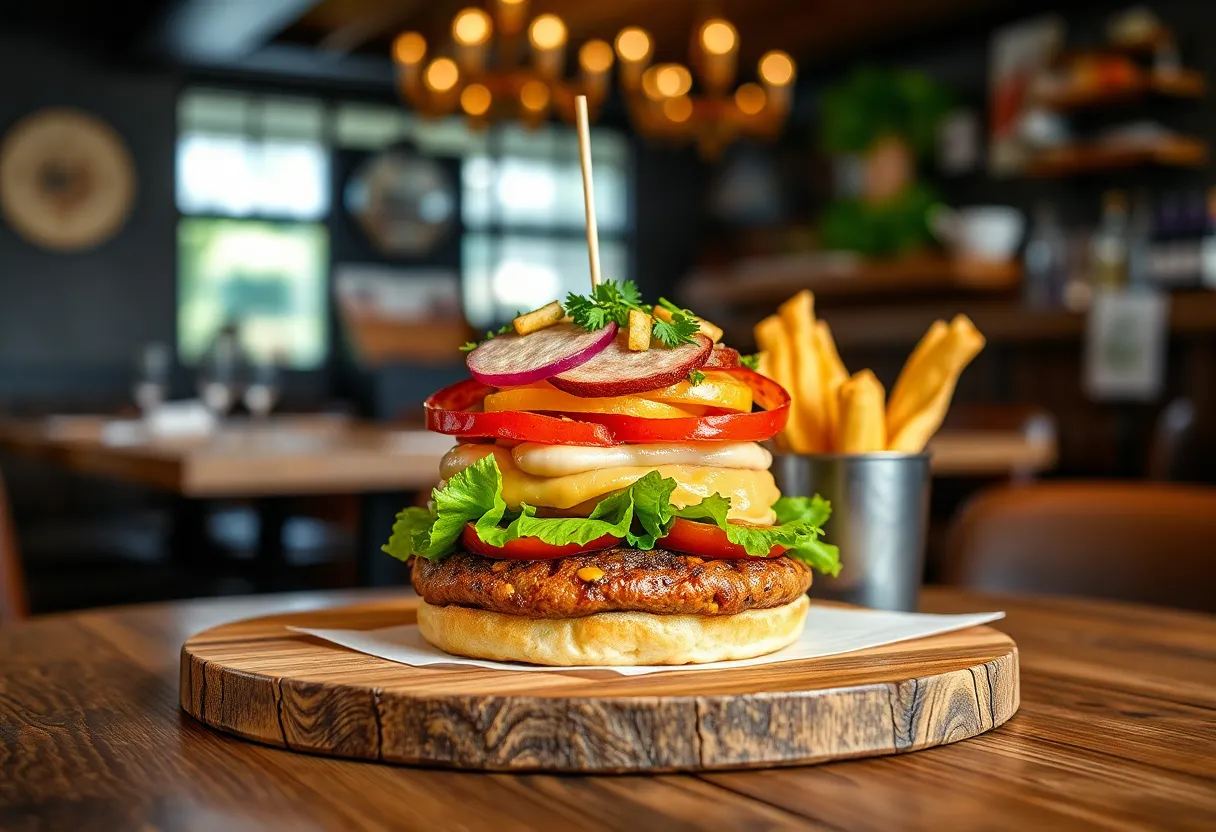 Gourmet burgers on a wooden table with rustic settings