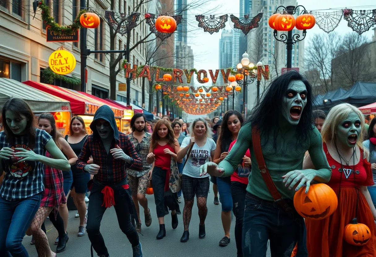 Participants in zombie costumes dancing during Halloween parade in Lexington