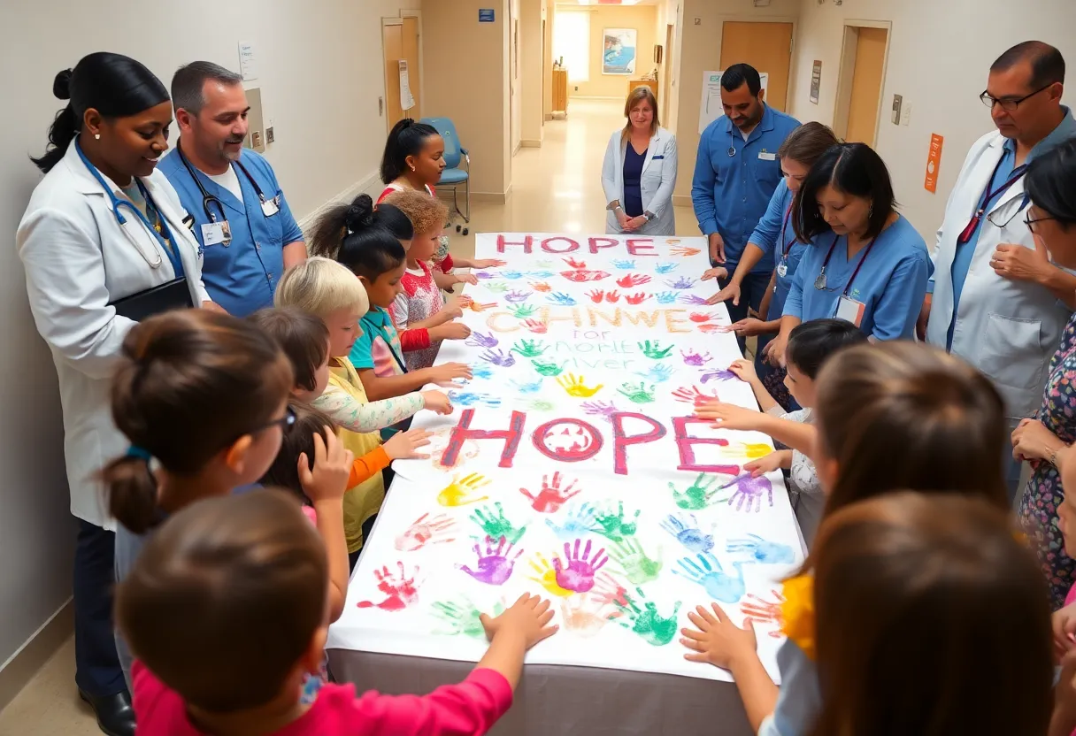 Children participating in a handprint ceremony at Kentucky Children's Hospital