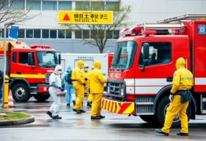 Firefighters in protective gear responding to a hazmat situation