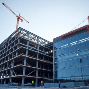 Construction site of the new health education building at the University of Kentucky with cranes and workers.