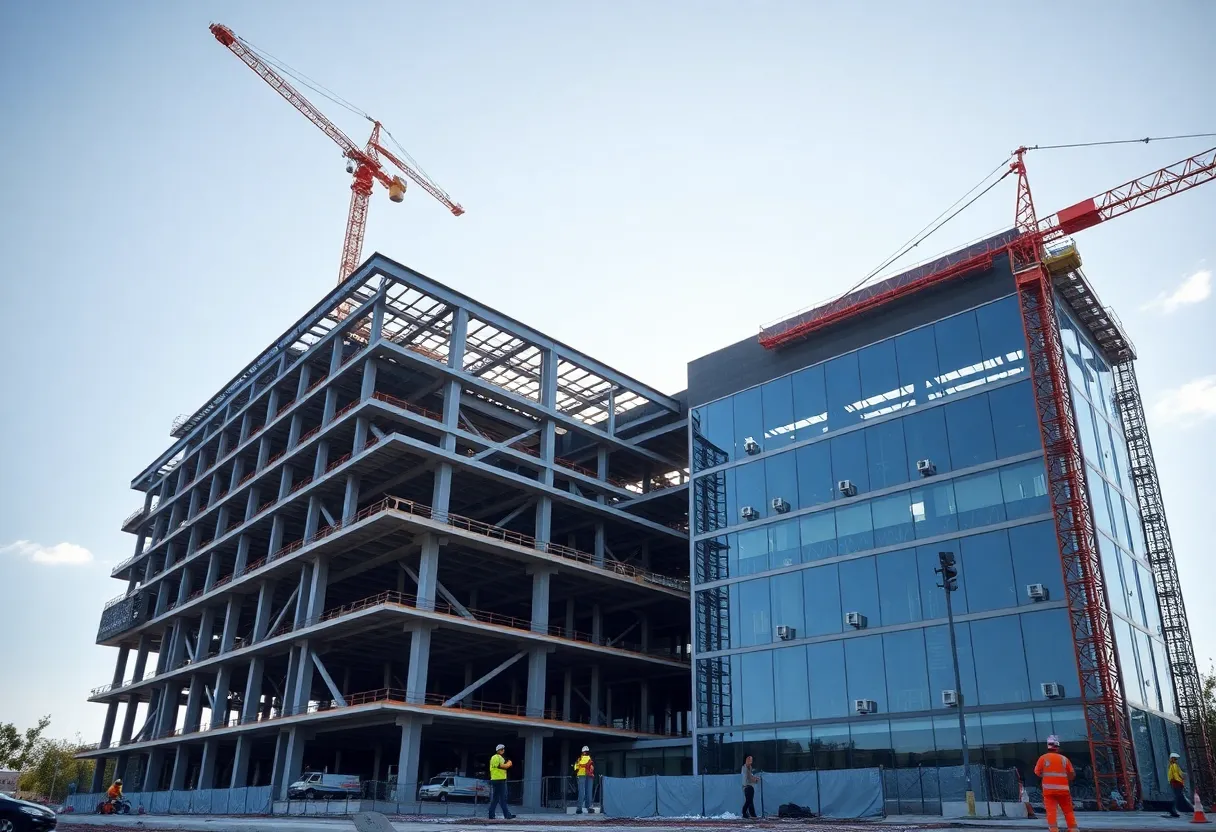 Construction site of the new health education building at the University of Kentucky with cranes and workers.