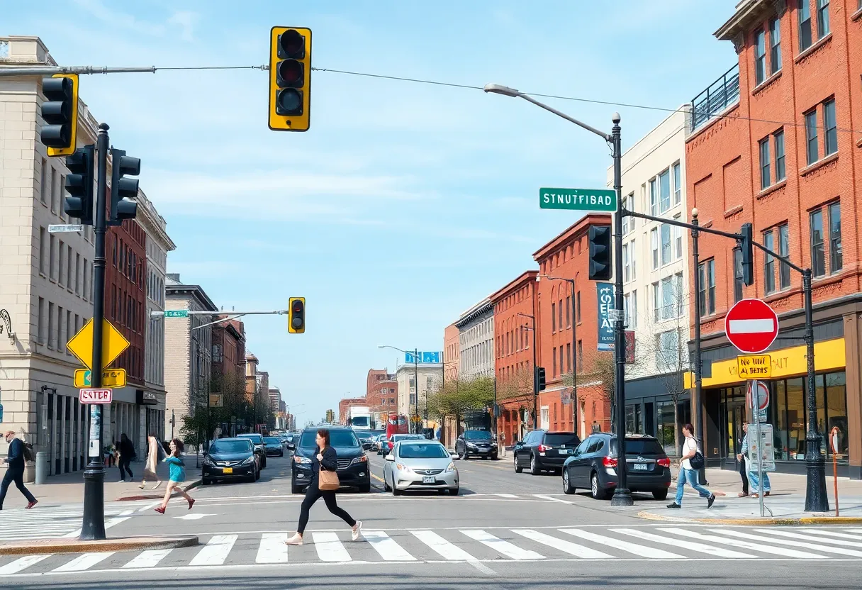 Intersection in Harrodsburg with pedestrian crossing signs