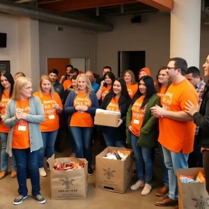 Community members participating in Hunger Action Day wearing orange