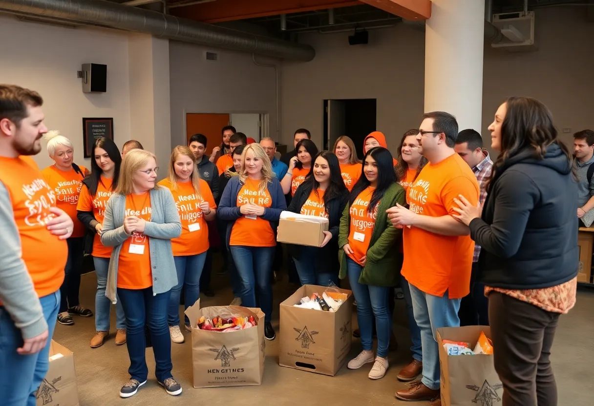 Community members participating in Hunger Action Day wearing orange