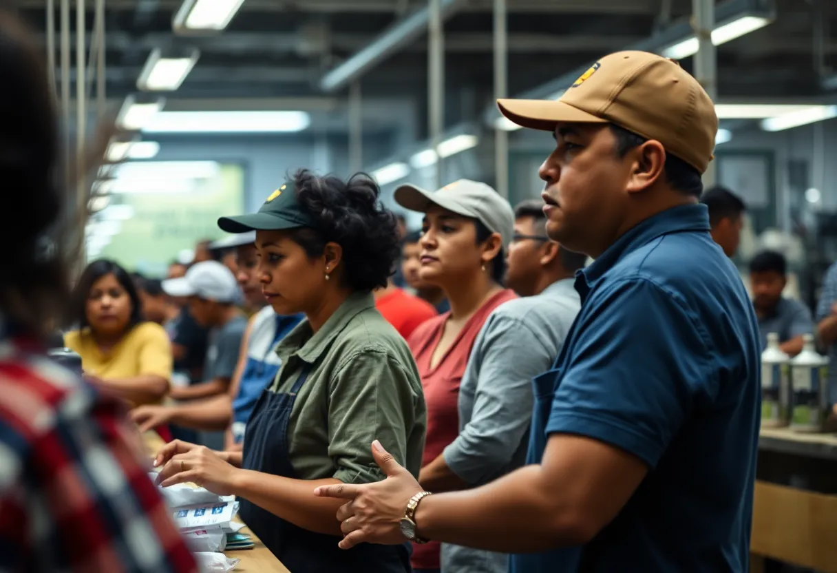 Workers at a factory during an immigration enforcement raid