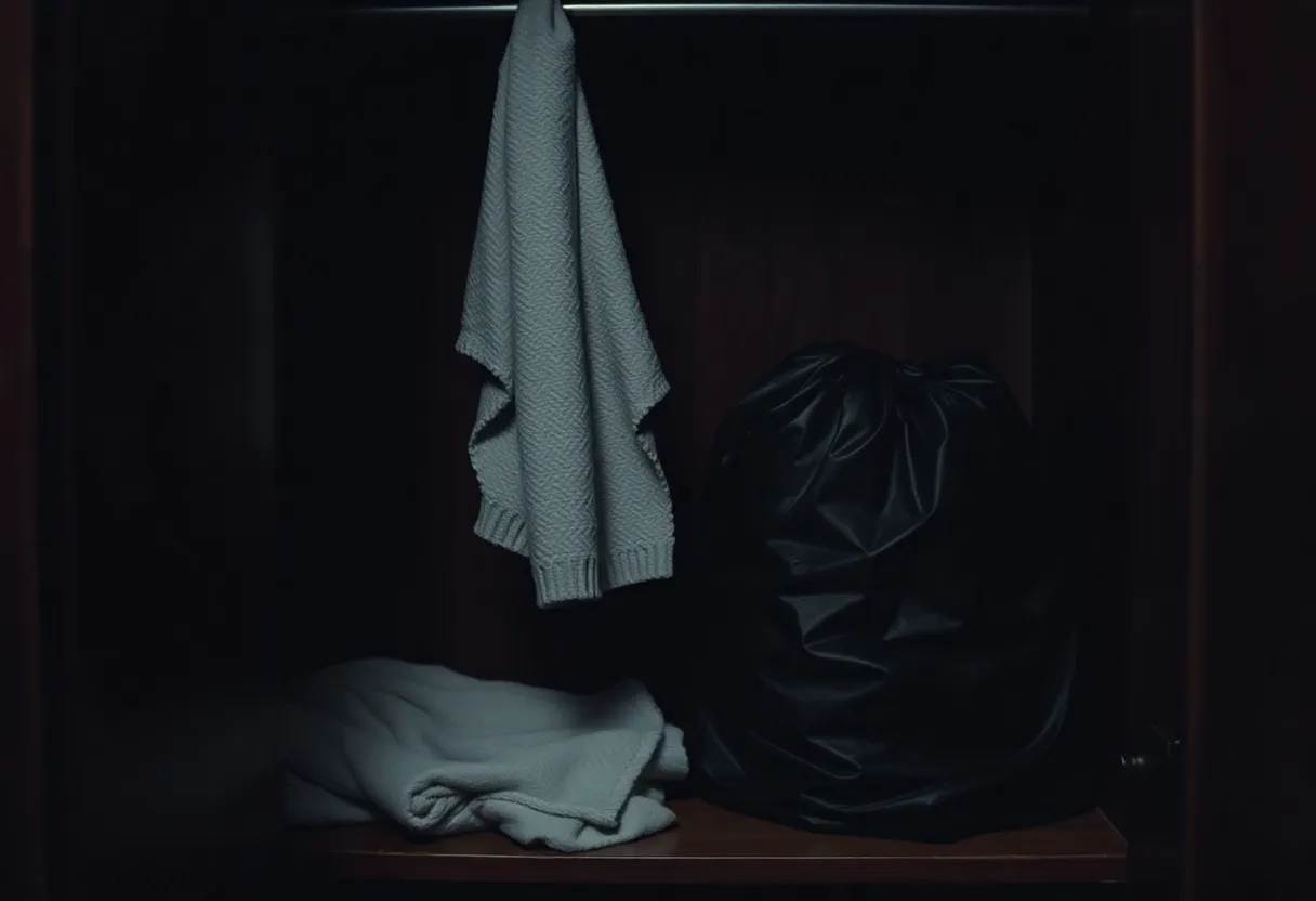 Black trash bag in a closet symbolizing a tragic incident