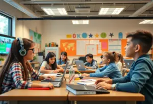Students participating in various innovative learning activities in a classroom setting.