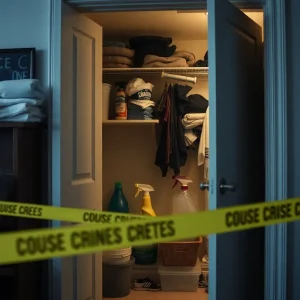 Investigation scene showing a closet with cleaning supplies