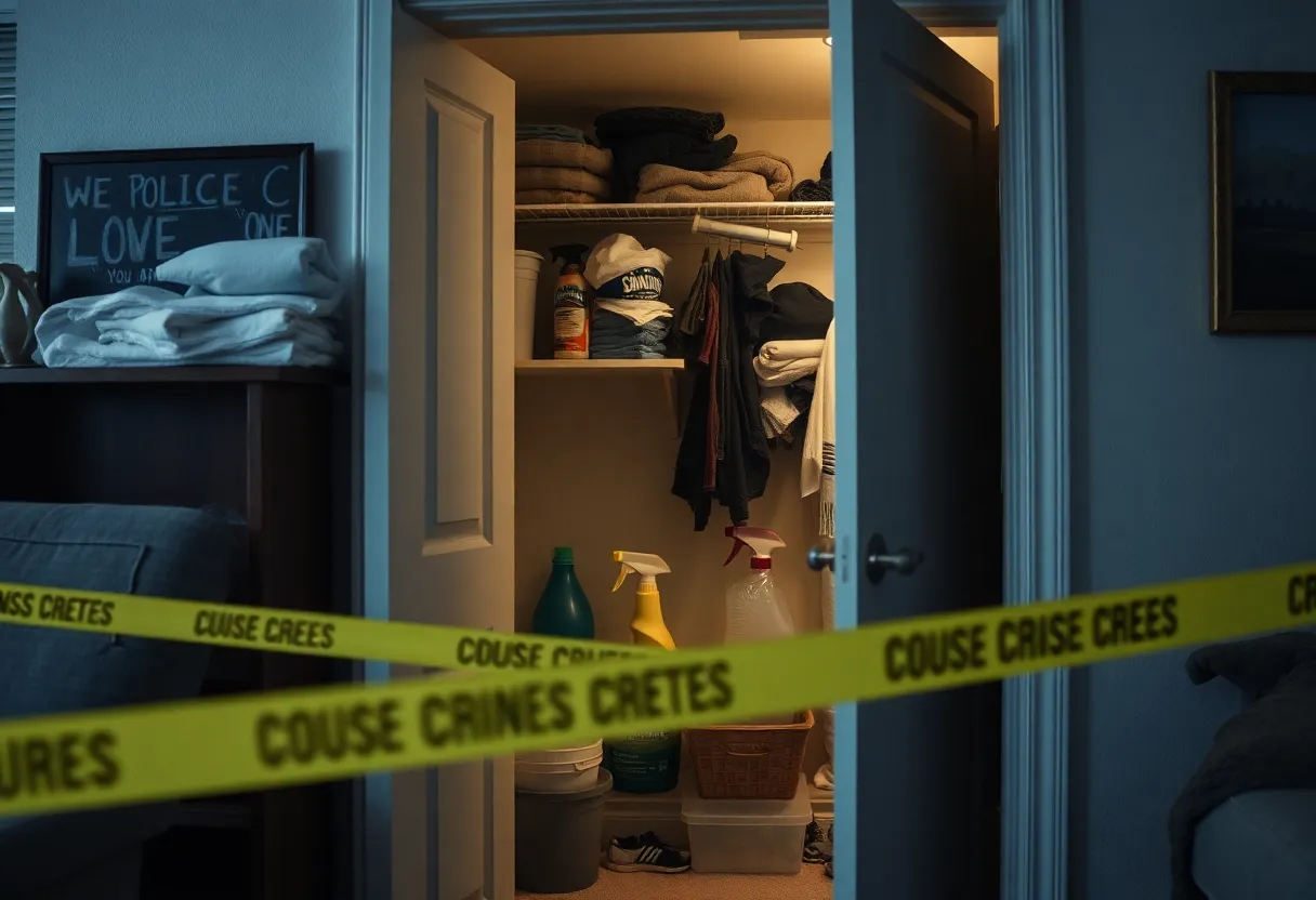 Investigation scene showing a closet with cleaning supplies