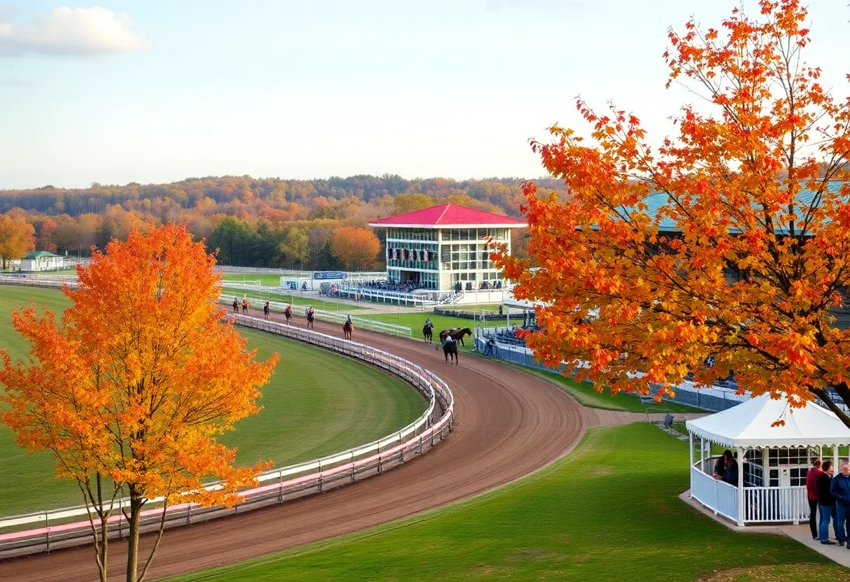 Autumn view of Keeneland racetrack bustling with horse racing activities