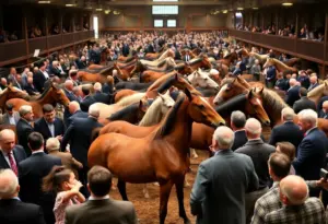 Auction scene at Keeneland Yearling Sale showing yearlings and buyers.