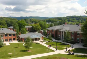View of a Kentucky college campus with students and educational buildings