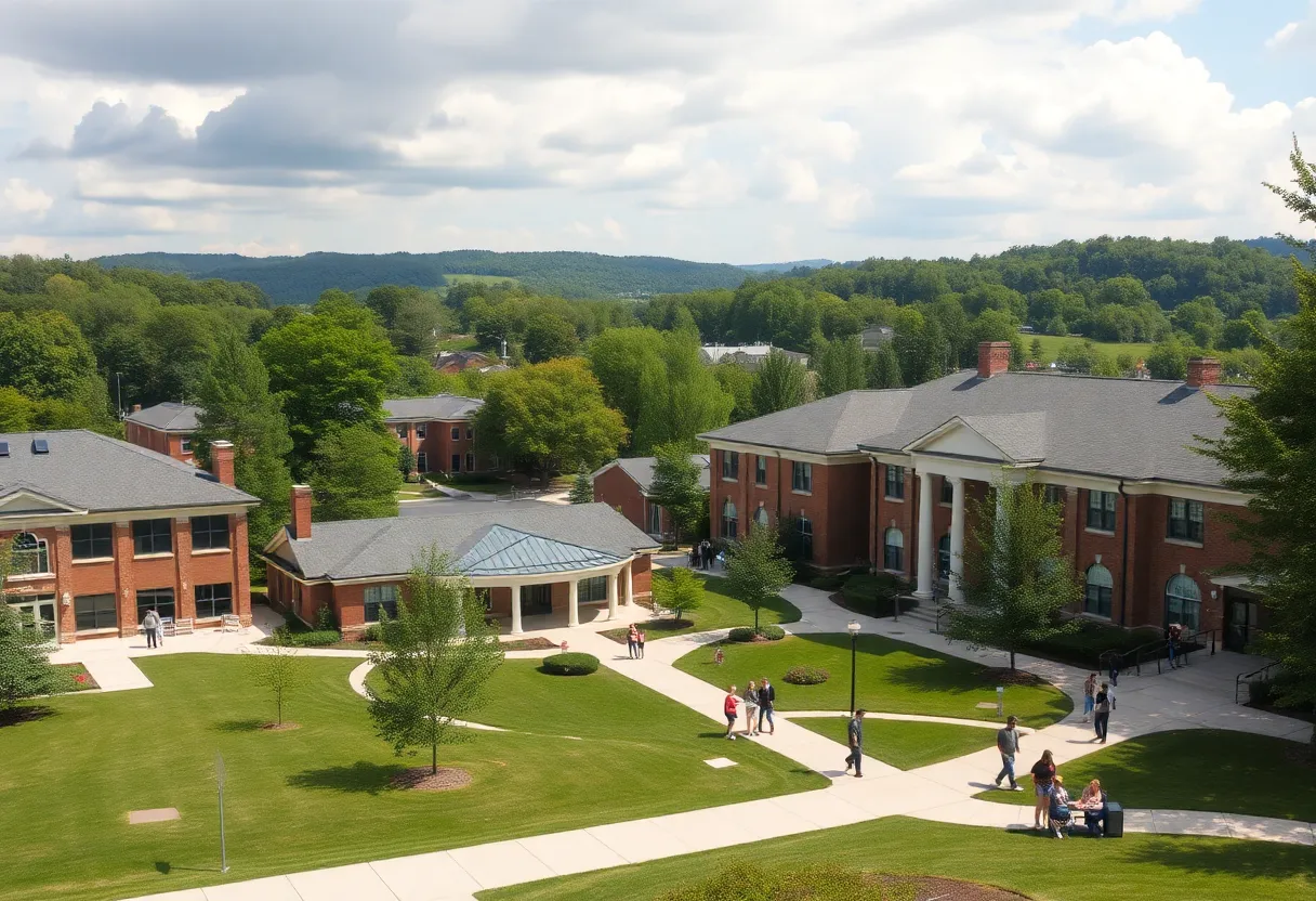 View of a Kentucky college campus with students and educational buildings