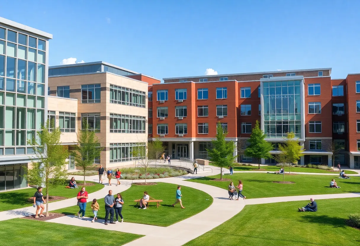 Modern community college campus with students and green spaces