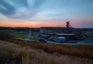 Rural Kentucky showing the transition from coal to cryptocurrency mining with legal disputes in the backdrop.