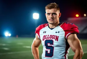Football player in a university jersey in front of a police scene.