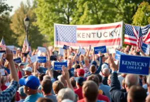Campaign event in Kentucky with supporters and banners