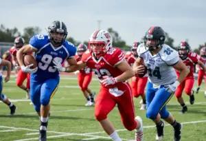 High school football players in action during a game in Kentucky.