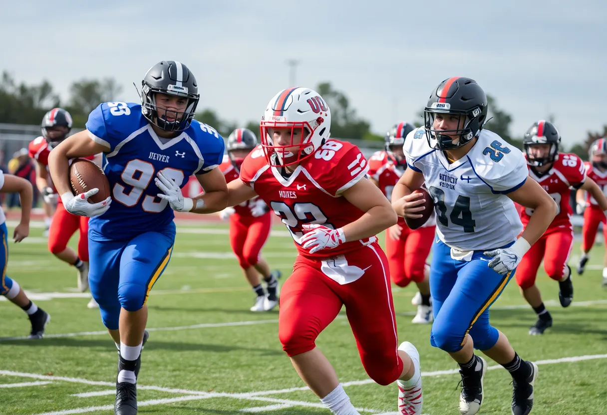 High school football players in action during a game in Kentucky.