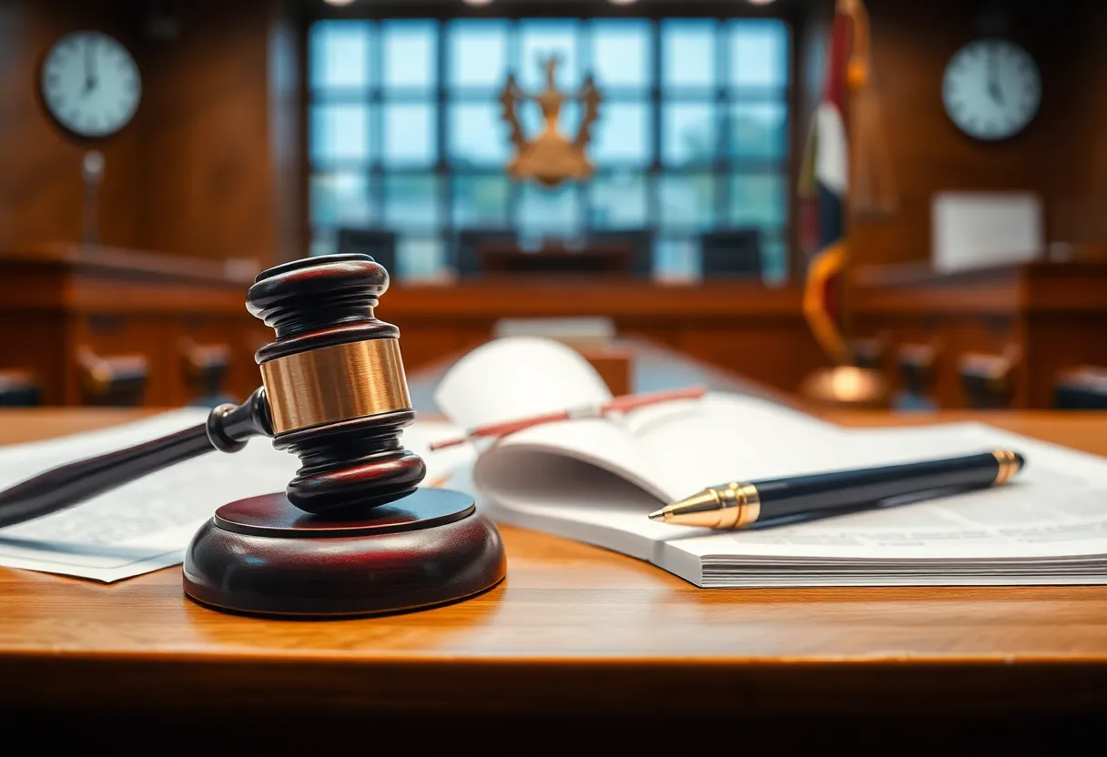 Image of a courtroom with legal texts and a gavel
