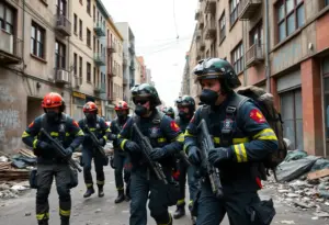 First responders conducting training in a mock city for urban search and rescue.