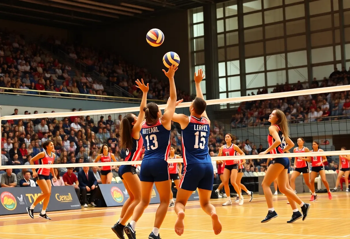 Action shot of a volleyball match between Kentucky and Georgia