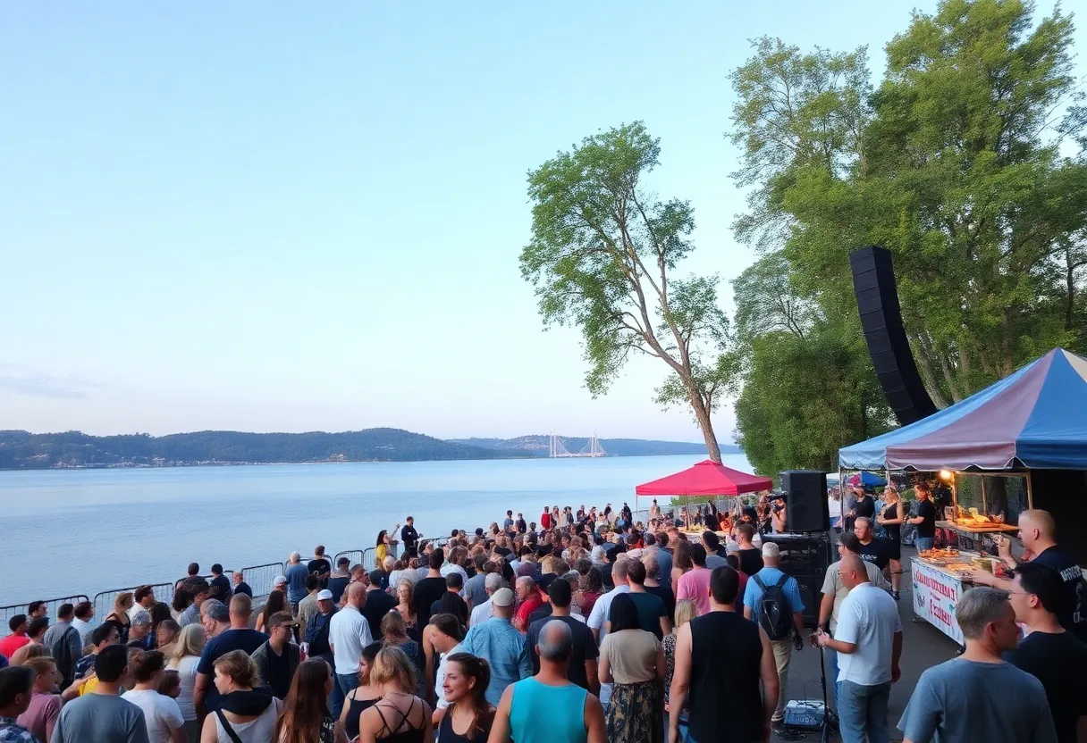 Outdoor concert at Lakeside Live with audience enjoying music and a lake view