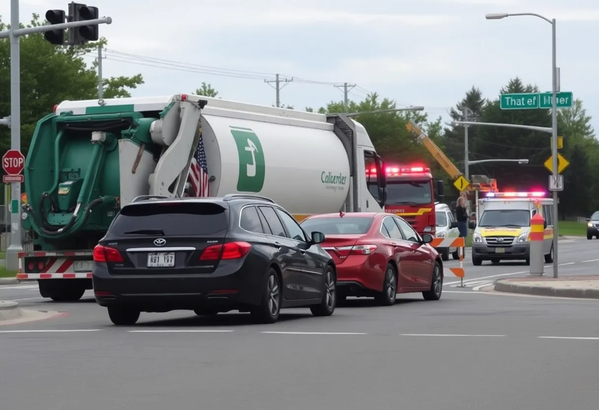 Scene of a serious crash on Leestown Road with emergency vehicles and road closure signs.