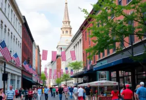 Street view of Lexington's 250th anniversary celebration with historical architecture