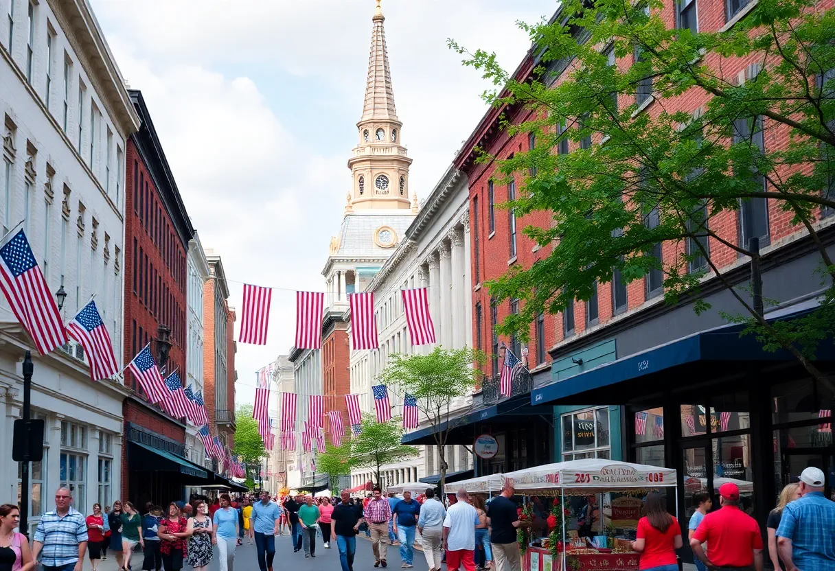 Street view of Lexington's 250th anniversary celebration with historical architecture
