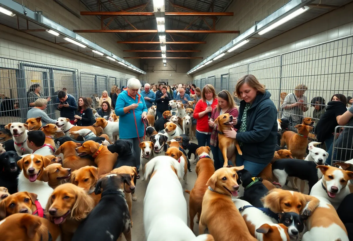 Overcrowded animal shelter in Lexington with volunteers caring for pets