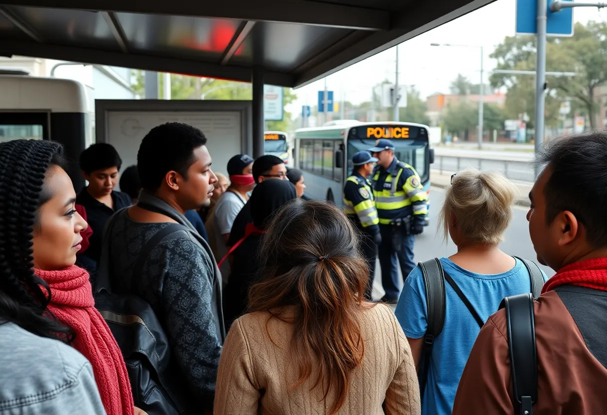 Community gathering at a bus stop after a shooting incident
