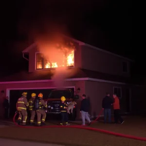 Firefighters rescuing a family and their dogs from a garage fire