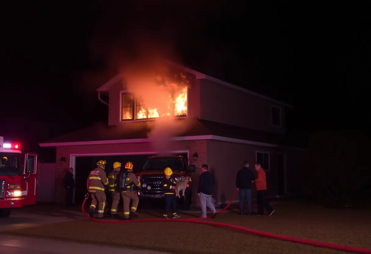 Firefighters rescuing a family and their dogs from a garage fire