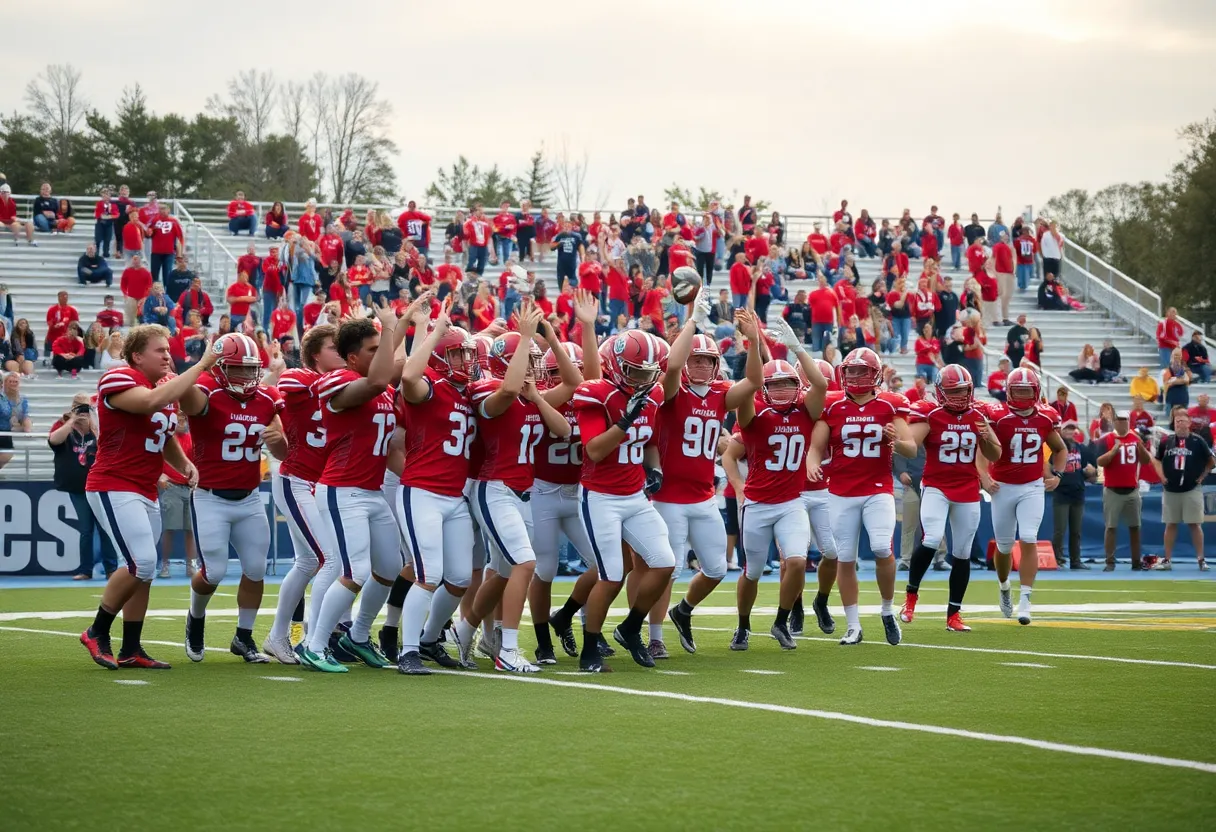Henry Clay football team celebrating their victory on the field.