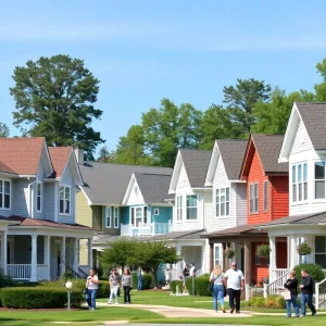 A vibrant neighborhood in Lexington with various homes and people enjoying the outdoors.