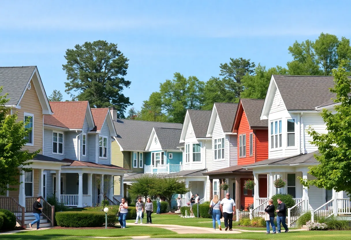 A vibrant neighborhood in Lexington with various homes and people enjoying the outdoors.