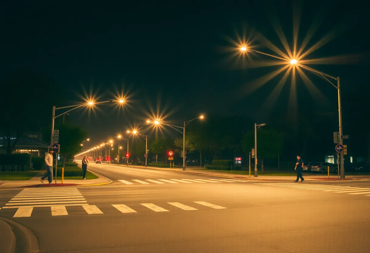 An urban intersection in Lexington, Kentucky at night with streetlights