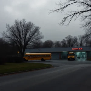 Scene near a school bus garage in Lexington, Kentucky after a death investigation.