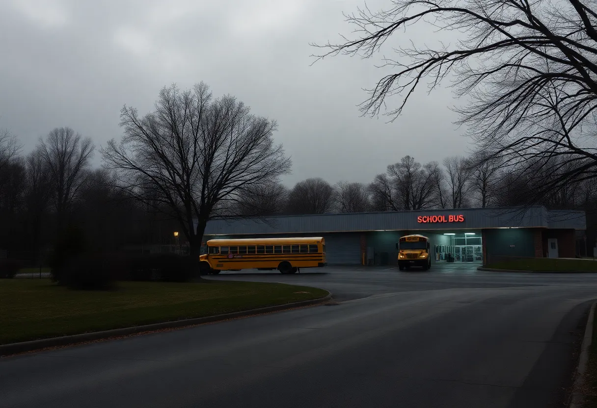 Scene near a school bus garage in Lexington, Kentucky after a death investigation.