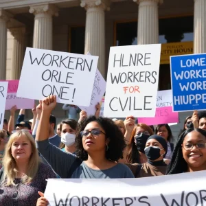 Protesters advocating for workers' rights during the Labor Day rally in Lexington.